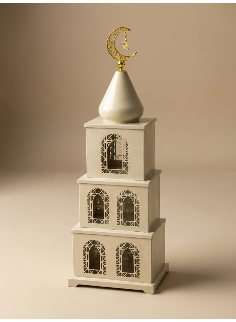 Tanseeq Beige Metal Mosque Tiered Box for Ramadan Dates and Sweets Serving Station - Islamic Home Decoration Eid Mubarak Gift Centerpiece Table Decor 3 Level Storage Container Minaret Sculpture - Image 1